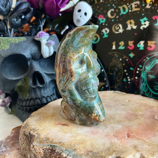 Ocean Jasper Moon Skull Carving, Rebirth, Regeneration Stone