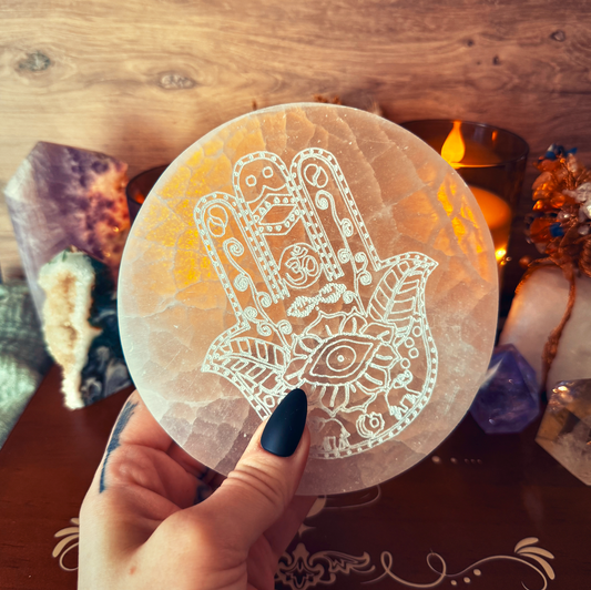 Selenite Charging Plate, Hamsa Hand, Powerful Cleansing & Healing Stone