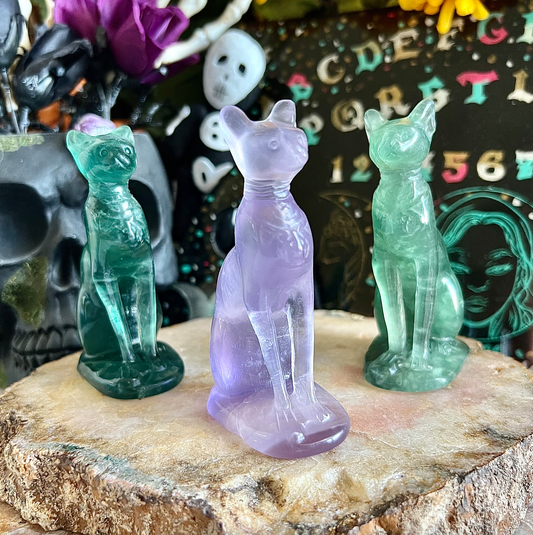 Large Fluorite Egyptian Sphinx Cat, Detoxifying & Negativity Crystal