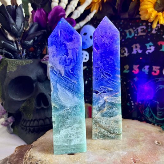 UV Reactive Rare Nigerian Fluorite With Quartz Tower, Detoxifying & Healing Crystal